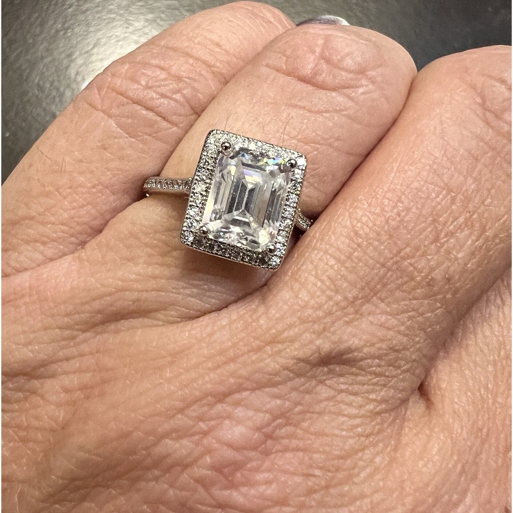 3.3 CT Emerald Cut‎ Moissanite Halo Engagement Ring 14K White Gold Plated Size 7